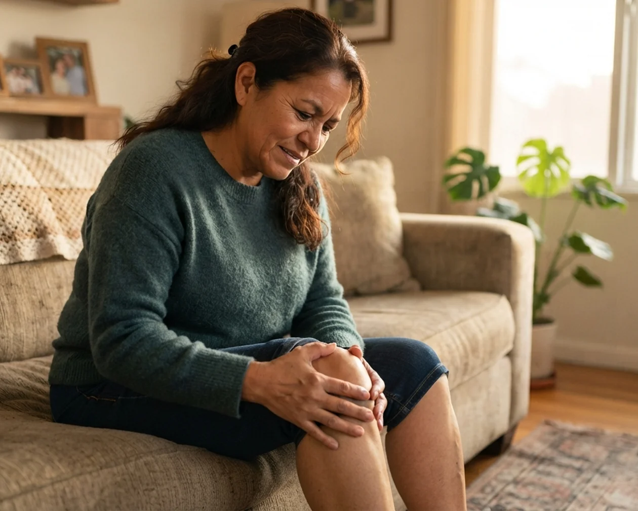 Mujer sujetando su rodilla por dolor de articulaciones