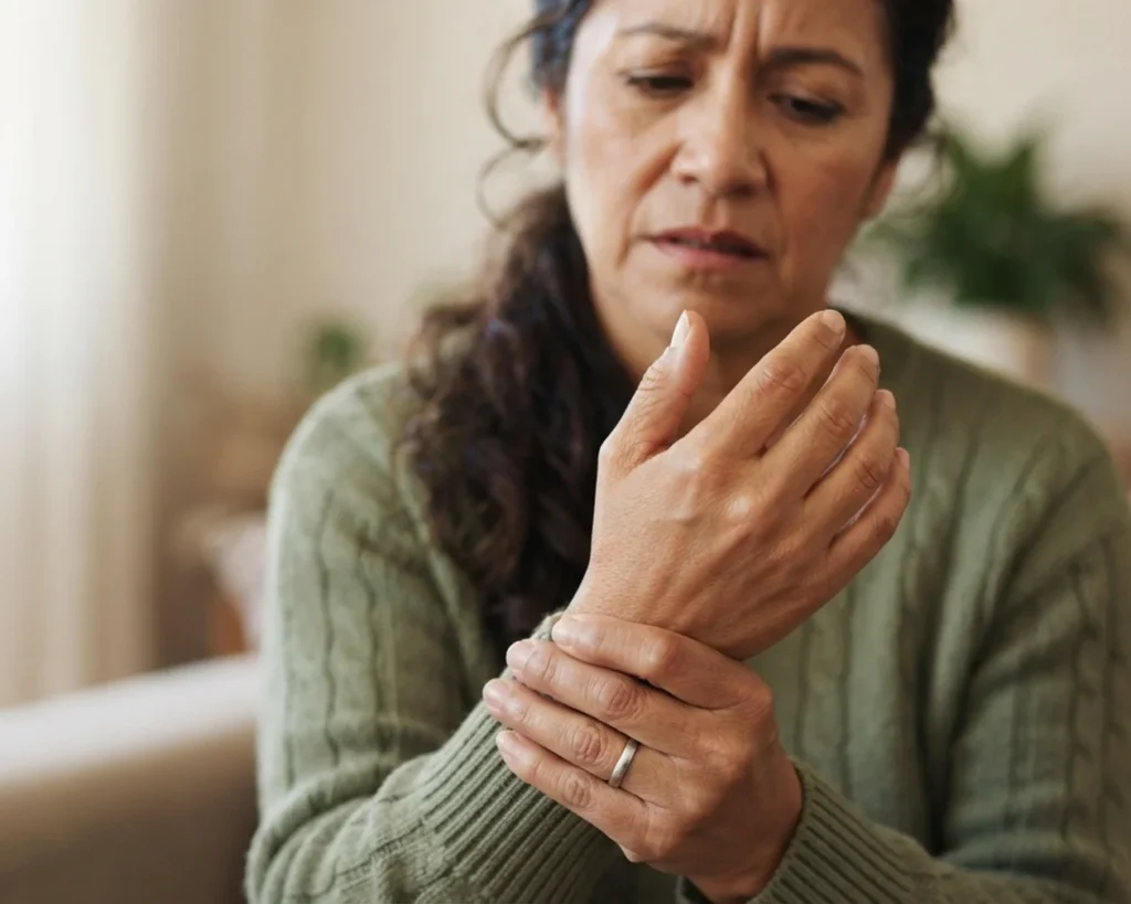 Mujer con dolor en las articulaciones de las manos